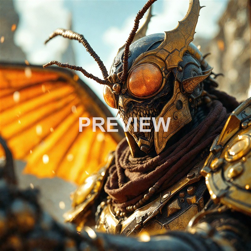 A detailed, close-up image of a humanoid figure with a metallic, insect-like mask featuring large orange eyes, sharp teeth, and ornate gold and bronze armor, with a large orange wing partially visible in the background.